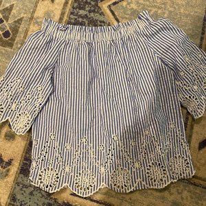 Off shoulder, white and blue shirt, size M